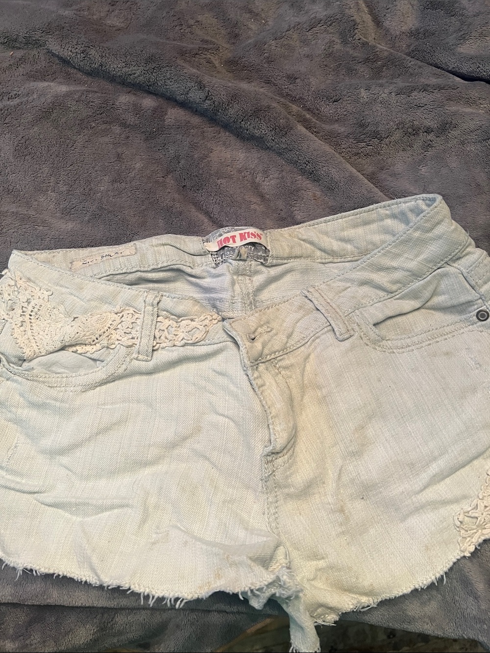Hot Kiss Women's Light Blue Crochet Trim Denim Shorts